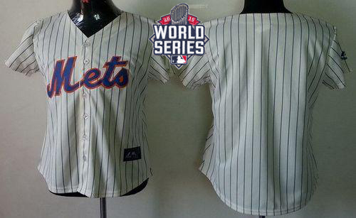 Mets Blank Cream(Blue Strip) W/2015 World Series Patch Women's Fashion Stitched MLB Jersey
