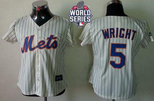 Mets #5 David Wright Cream(Blue Strip) W/2015 World Series Patch Women's Fashion Stitched MLB Jersey