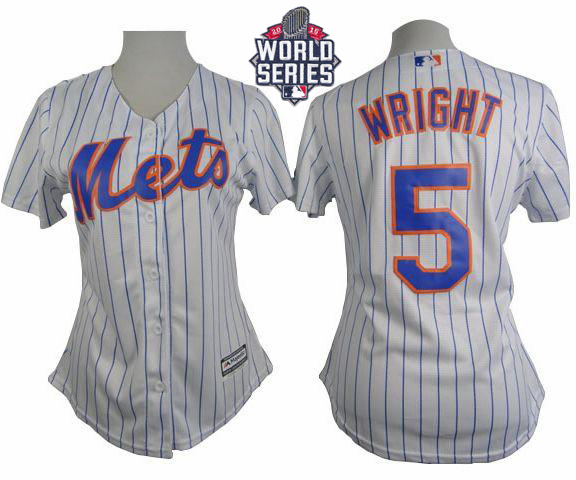 Mets #5 David Wright White(Blue Strip) W/2015 World Series Patch Women's Home Stitched MLB Jersey