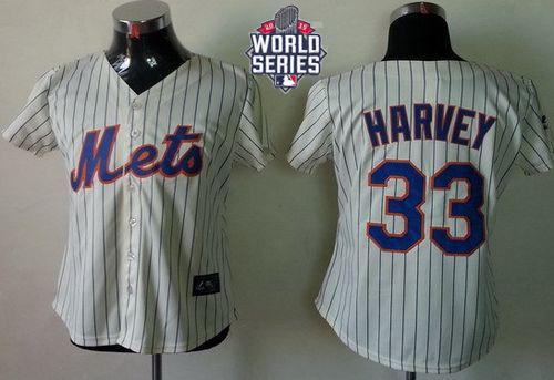Mets #33 Matt Harvey Cream(Blue Strip) W/2015 World Series Patch Women's Fashion Stitched MLB Jersey