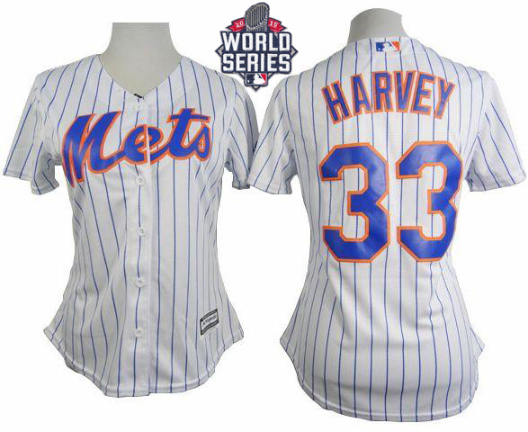 Mets #33 Matt Harvey White(Blue Strip) W/2015 World Series Patch Women's Home Stitched MLB Jersey