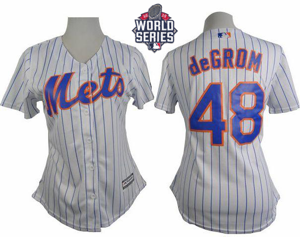 Mets #48 Jacob deGrom White(Blue Strip) W/2015 World Series Patch Women's Home Stitched MLB Jersey