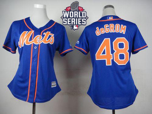 Mets #48 Jacob deGrom Blue Alternate W/2015 World Series Patch Women's Stitched MLB Jersey