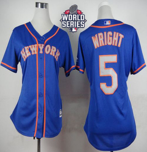 Mets #5 David Wright Blue(Grey NO.) Alternate Road W/2015 World Series Patch Women's Stitched MLB Jersey