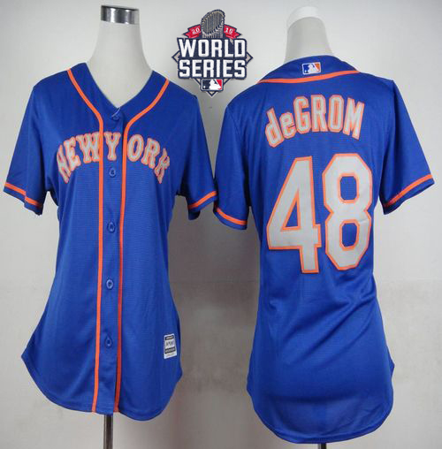 Mets #48 Jacob deGrom Blue(Grey NO.) Alternate Road W/2015 World Series Patch Women's Stitched MLB Jersey