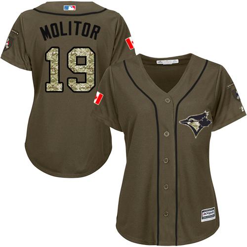 Blue Jays #19 Paul Molitor Green Salute to Service Women's Stitched MLB Jersey