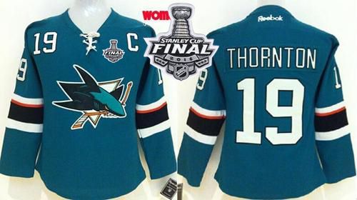 Sharks #19 Joe Thornton Teal 2016 Stanley Cup Final Patch Women's Home Stitched NHL Jersey