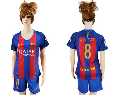 Women's Barcelona #8 A.Iniesta Home Soccer Club Jersey