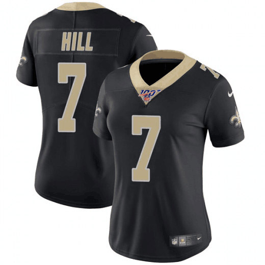 Women's New Orleans Saints 100th #7 Taysom Hill Black Rush Limited Stitched NFL Jersey