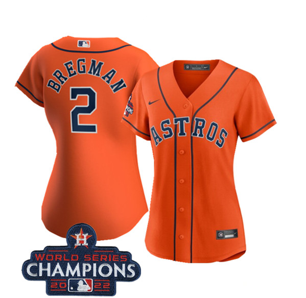 Women's Houston Astros #2 Alex Bregman Orange 2022 World Series Champions Cool Base Stitched Baseball Jersey(Run Small)