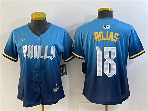 Women's Philadelphia Phillies #18 Johan Rojas Blue 2024 City Connect Limited Stitched Baseball Jersey(Run Small)