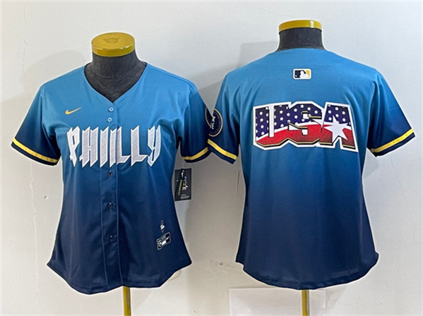Women's Philadelphia Phillies Team Big Logo Blue 2024 City Connect Limited Stitched Baseball Jersey(Run Small)