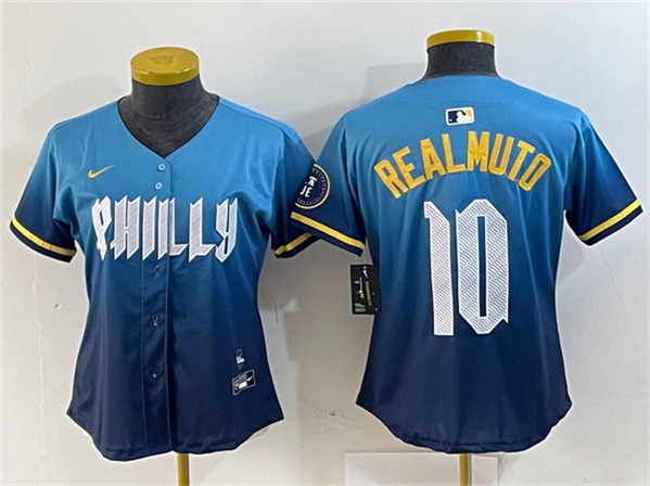 Women's Philadelphia Phillies #10 J.T. Realmuto Blue 2024 City Connect Limited Stitched Baseball Jersey(Run Small)