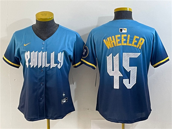 Women's Philadelphia Phillies #45 Zack Wheeler Blue 2024 City Connect Limited Stitched Baseball Jersey(Run Small)