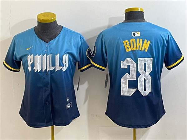 Women's Philadelphia Phillies #28 Alec Bohm Blue 2024 City Connect Limited Stitched Baseball Jersey(Run Small)