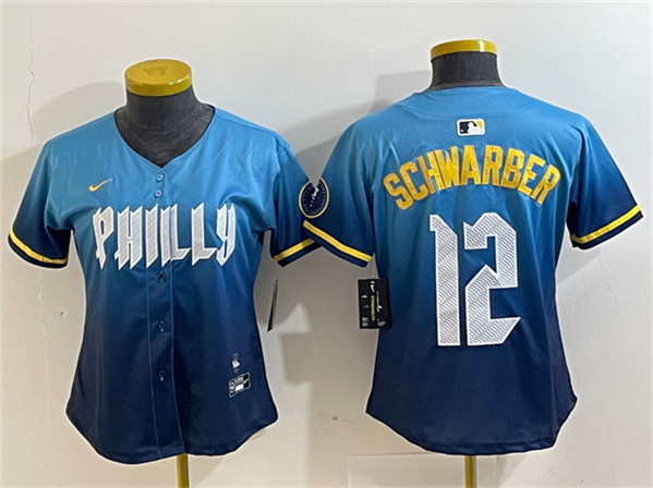 Women's Philadelphia Phillies #12 Kyle Schwarber Blue 2024 City Connect Limited Stitched Baseball Jersey(Run Small)