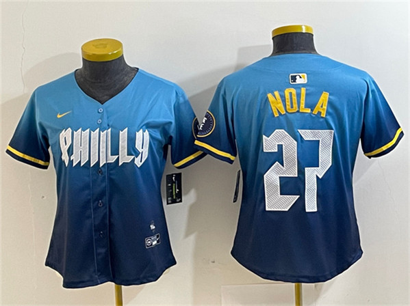 Women's Philadelphia Phillies #27 Aaron Nola Blue 2024 City Connect Limited Stitched Baseball Jersey(Run Small)