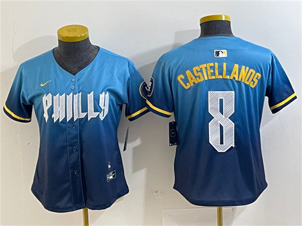 Women's Philadelphia Phillies #8 Nick Castellanos Blue 2024 City Connect Limited Stitched Baseball Jersey(Run Small)