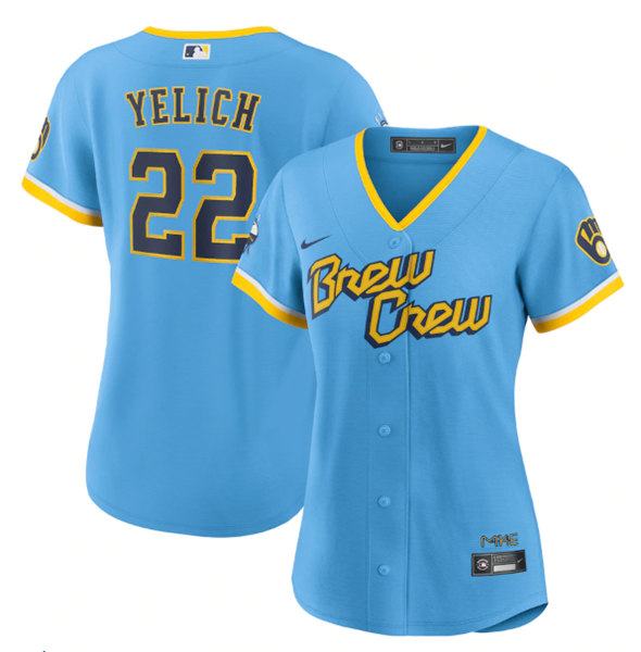 Women's Milwaukee Brewers #22 Christian Yelich Powder Blue 2022 City Connect Cool Base Stitched Jersey(Run Small)