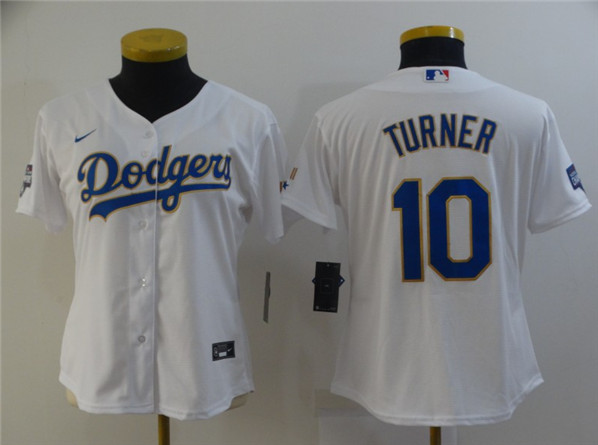 Women's Los Angeles Dodgers #10 Justin Turner White Gold Championship Cool Base stitched MLB Jersey(Run Small)