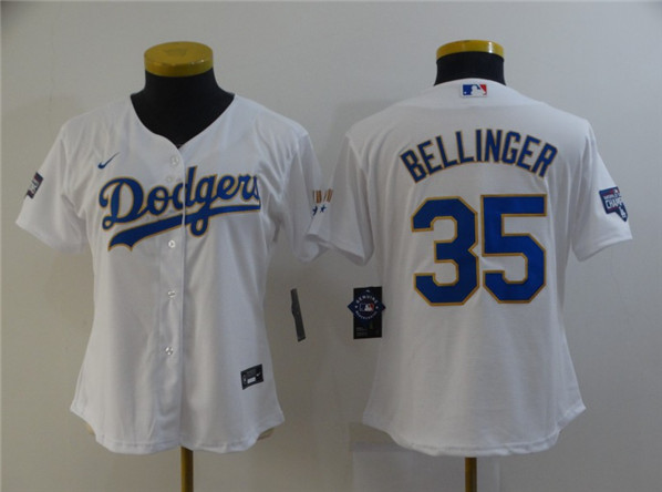 Women's Los Angeles Dodgers #35 Cody Bellinger White Gold Championship Cool Base stitched MLB Jersey(Run Small)