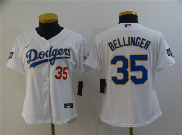 Women's Los Angeles Dodgers #35 Cody Bellinger White Gold Championship Cool Base stitched MLB Jersey(Run Small)