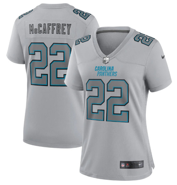 Women's Carolina Panthers #22 Christian McCaffrey Gray Atmosphere Fashion Stitched Game Jersey(Run Small)