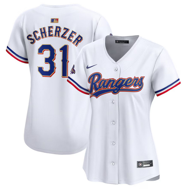 Women's Texas Rangers #31 Max Scherzer White 2024 Gold Collection Baseball Stitched Jersey(Run Small)