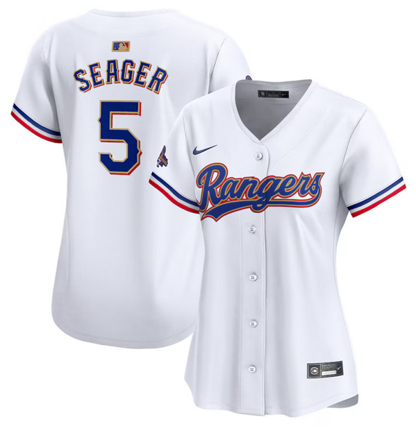 Women's Texas Rangers #5 Corey Seager White 2024 Gold Collection Baseball Stitched Jersey(Run Small)