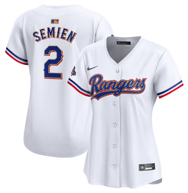 Women's Texas Rangers #2 Marcus Semien White 2024 Gold Collection Baseball Stitched Jersey(Run Small)