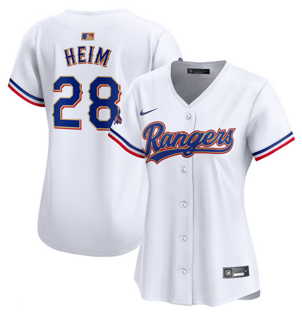 Women's Texas Rangers #28 Jonah Heim White 2024 Gold Collection Baseball Stitched Jersey(Run Small)