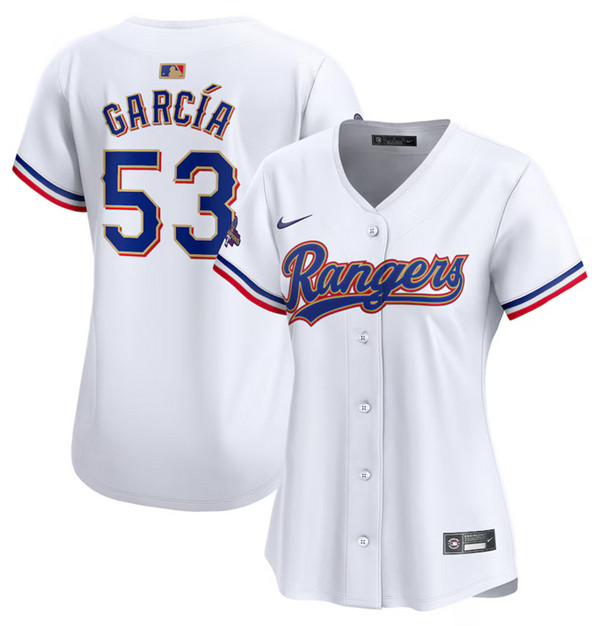 Women's Texas Rangers #53 Adolis Garcia White 2024 Gold Collection Baseball Stitched Jersey(Run Small)