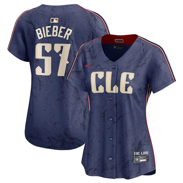 Women's Cleveland Guardians #57 Shane Bieber Navy 2024 City Connect Stitched Baseball Jersey(Run Small)