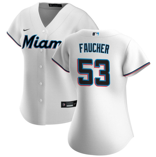 Women's Miami Marlins #53 Calvin Faucher White Cool Base Baseball Stitched Jersey