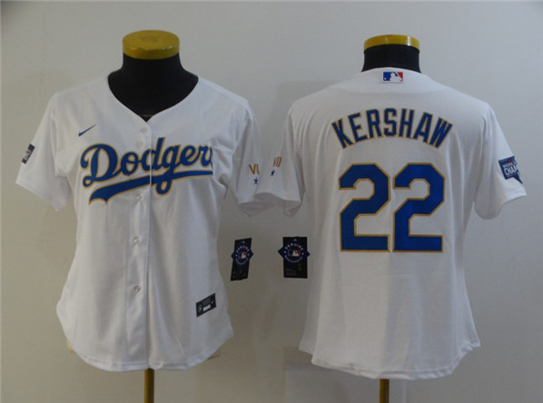 Women's Los Angeles Dodgers #22 Clayton Kershaw White Gold Championship Cool Base stitched MLB Jersey(Run Small)
