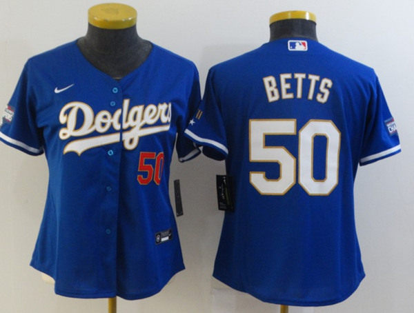 Women's Los Angeles Dodgers #50 Mookie Betts Blue Gold Championship Cool Base Stitched MLB Jersey(Run Small)