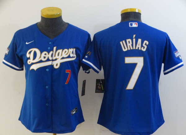 Women's Los Angeles Dodgers #7 Julio Urias Blue Gold Championship Cool Base Stitched MLB Jersey(Run Small)
