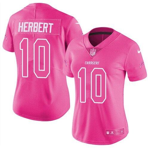 Women's Los Angeles Chargers #10 Justin Herbert Pink Stitched Vapor Jersey(Run Small)