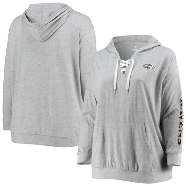 Women's Baltimore Ravens Heathered Gray Plus Size Lace-Up Pullover Hoodie