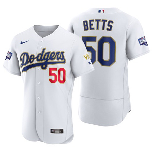 Women's Los Angeles Dodgers #50 Mookie Betts White stitched MLB Jersey(Run Small)
