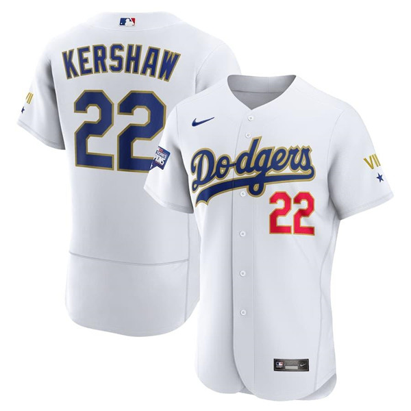 Women's Los Angeles Dodgers #22 Clayton Kershaw White Gold Championship stitched MLB Jersey(Run Small)