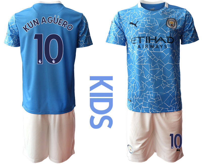 Manchester City #10 Kun Aguero Home Kid Soccer Club Jersey