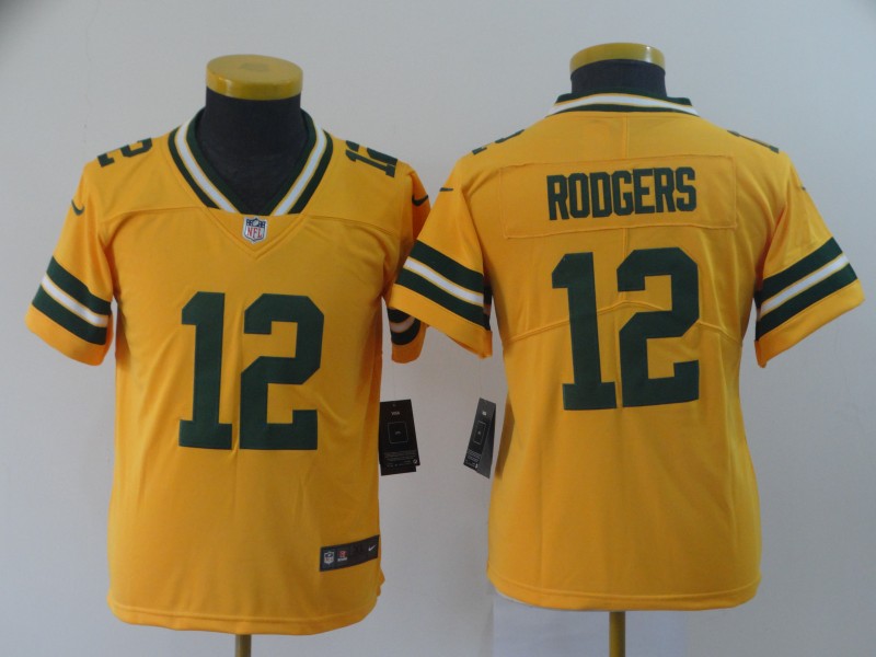 Youth Green Bay Packers #12 Aaron Rodgers Gold Inverted Legend Stitched NFL Jersey