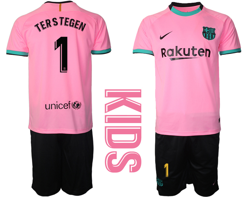 Barcelona #1 Ter Stegen Pink Away Kid Soccer Club Jersey