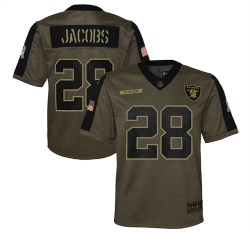 Youth Las Vegas Raiders #28 Josh Jacobs 2021 Olive Salute To Service Limited Stitched Jersey