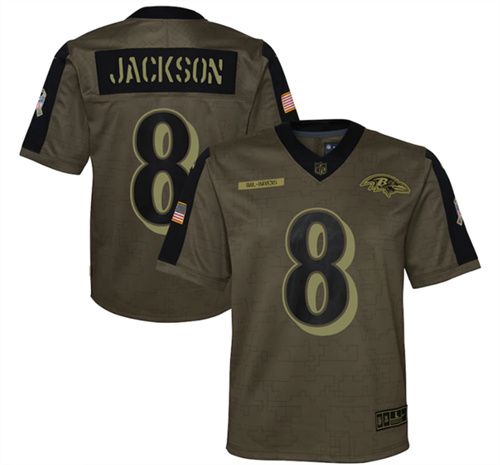 Youth Baltimore Ravens #8 Lamar Jackson 2021 Olive Salute To Service Limited Stitched Jersey