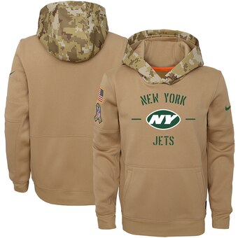 Youth New York Jets Khaki 2019 Salute To Service Therma Pullover Hoodie