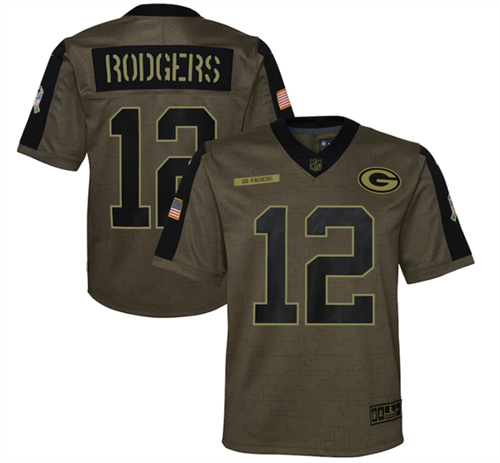 Youth Green Bay Packers #12 Aaron Rodgers 2021 Olive Salute To Service Limited Stitched Jersey