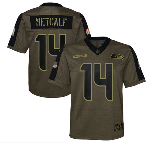 Youth Seattle Seahawks #14 D.K. Metcalf 2021 Olive Salute To Service Limited Stitched Jersey