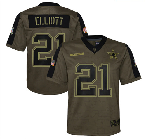 Youth Dallas Cowboys #21 Ezekiel Elliott 2021 Olive Salute To Service Limited Stitched Jersey